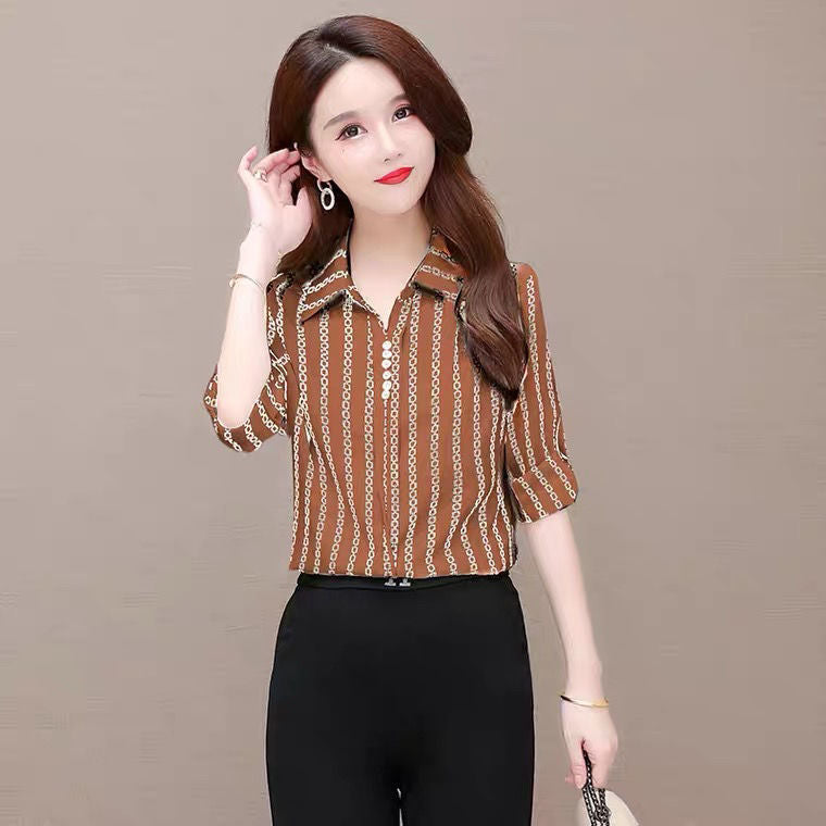 Stylish women's chiffon blouse with buttons & fold-over collar – Fenya-Khaki-L-Nora Luxe