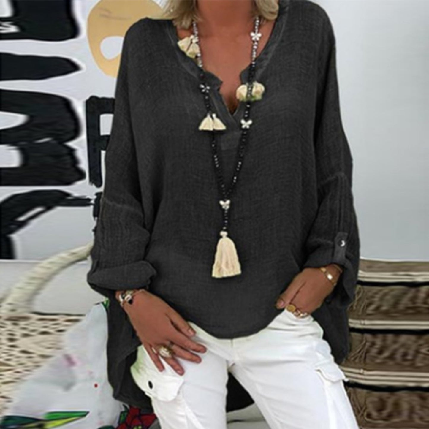 Stylish women's linen blouse – Elodie-Black-S-Nora Luxe