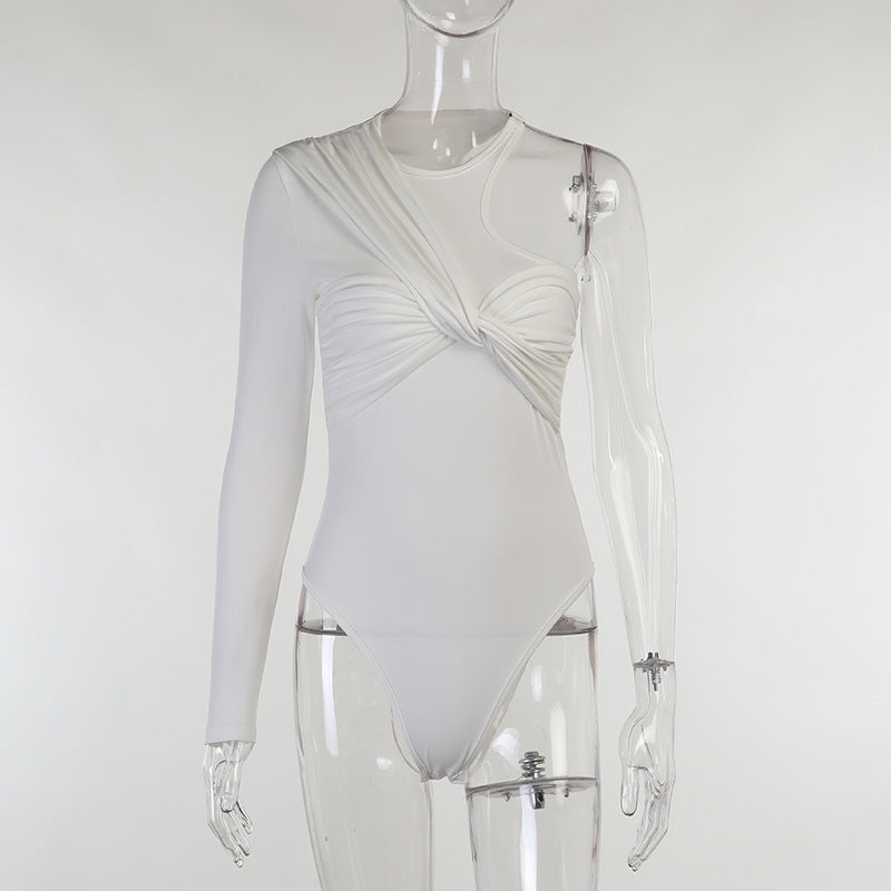 Stylish women's long-sleeve bodysuit with drape effect & figure-hugging cut – Mira-White-M-Nora Luxe