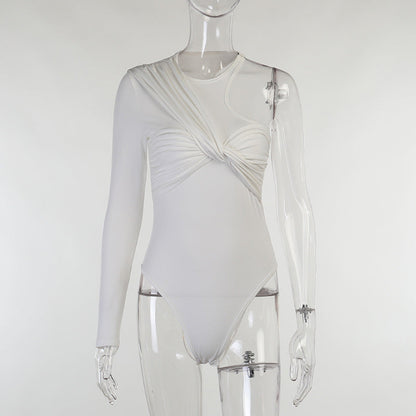Stylish women's long-sleeve bodysuit with drape effect & figure-hugging cut – Mira-White-M-Nora Luxe