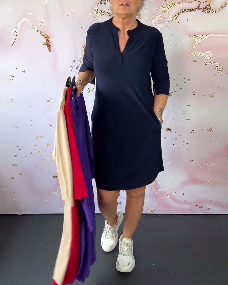 Stylish women's midi dress with V-neck and convertible sleeves – Naria-Navy blue-S-Nora Luxe