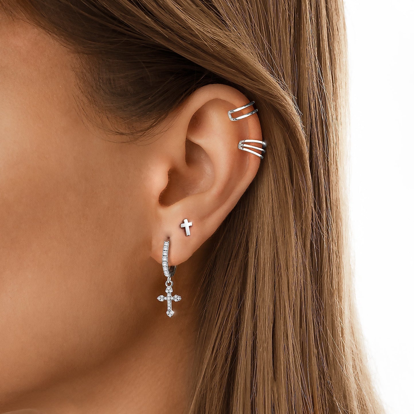 Subtle Cross Earrings - Lena-Silver-Nora Luxe