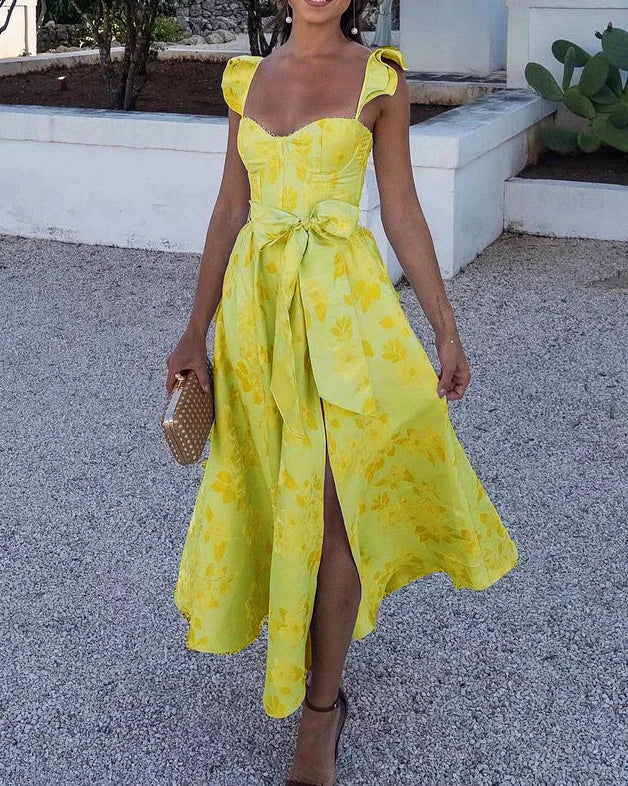 Summer Dress with Butterfly Sleeves and Print - Lina-Yellow-S-The Livary