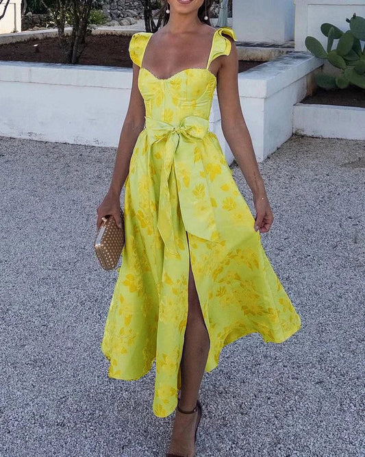 Summer Dress with Butterfly Sleeves and Print - Lina-Yellow-S-The Livary