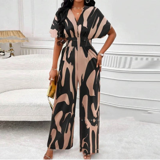 Summery print jumpsuit with V-neck – Noemi-Khaki Black-S-Nora Luxe