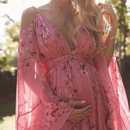 Swinging Pink Chiffon Dress with Flared Sleeves - Isabelle-S-The Livary
