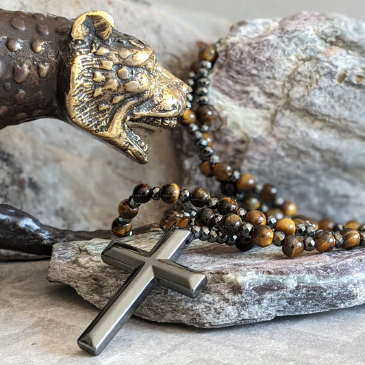 Tiger Eye and Lapis Lazuli Cross Rosary Necklace for Men - Orion-Tiger's eye-Nora Luxe