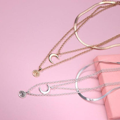 Tree of Life & Half Moon Multilayer Necklace - Selestina-Gold-Nora Luxe