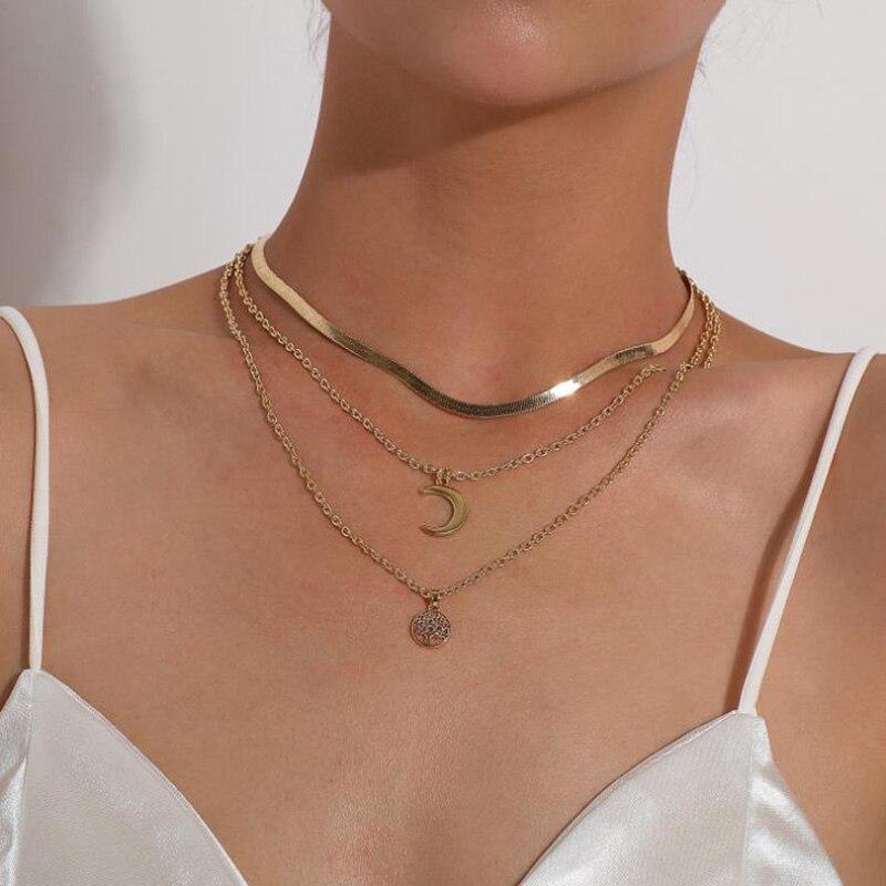 Tree of Life & Half Moon Multilayer Necklace - Selestina-Gold-Nora Luxe
