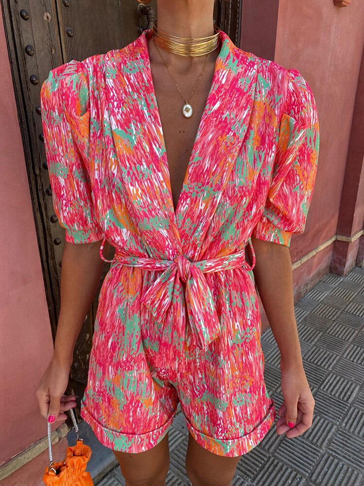 Trendy festival print playsuit with belt – Leona-Purple-S-Nora Luxe