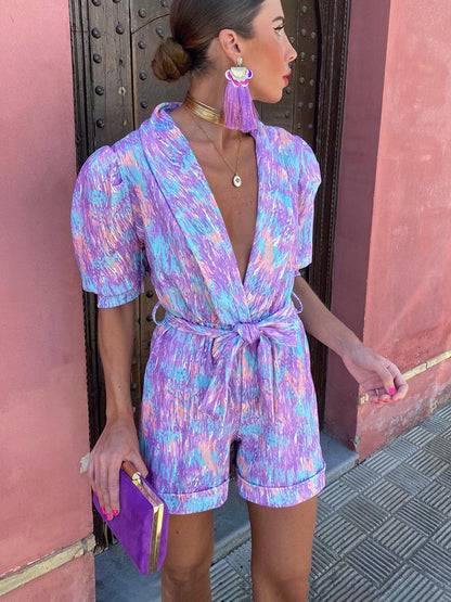 Trendy festival print playsuit with belt – Leona-Purple-S-Nora Luxe