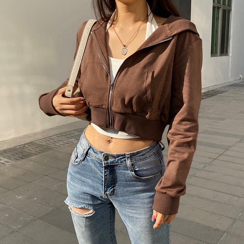 Trendy Fitted Women's Cropped Zip-Up Hoodie with Hood – Alina-Brown-S-Nora Luxe