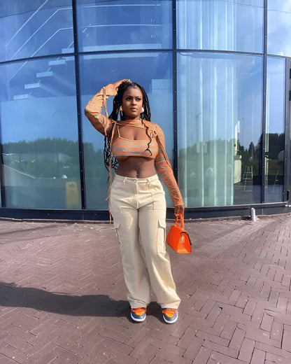 Trendy Ladies Cargo Jeans - Nova-Khaki-XS-Nora Luxe