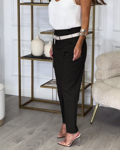 Trendy Ladies Patchwork Trousers with Belt - Liv-Gray-S-Nora Luxe