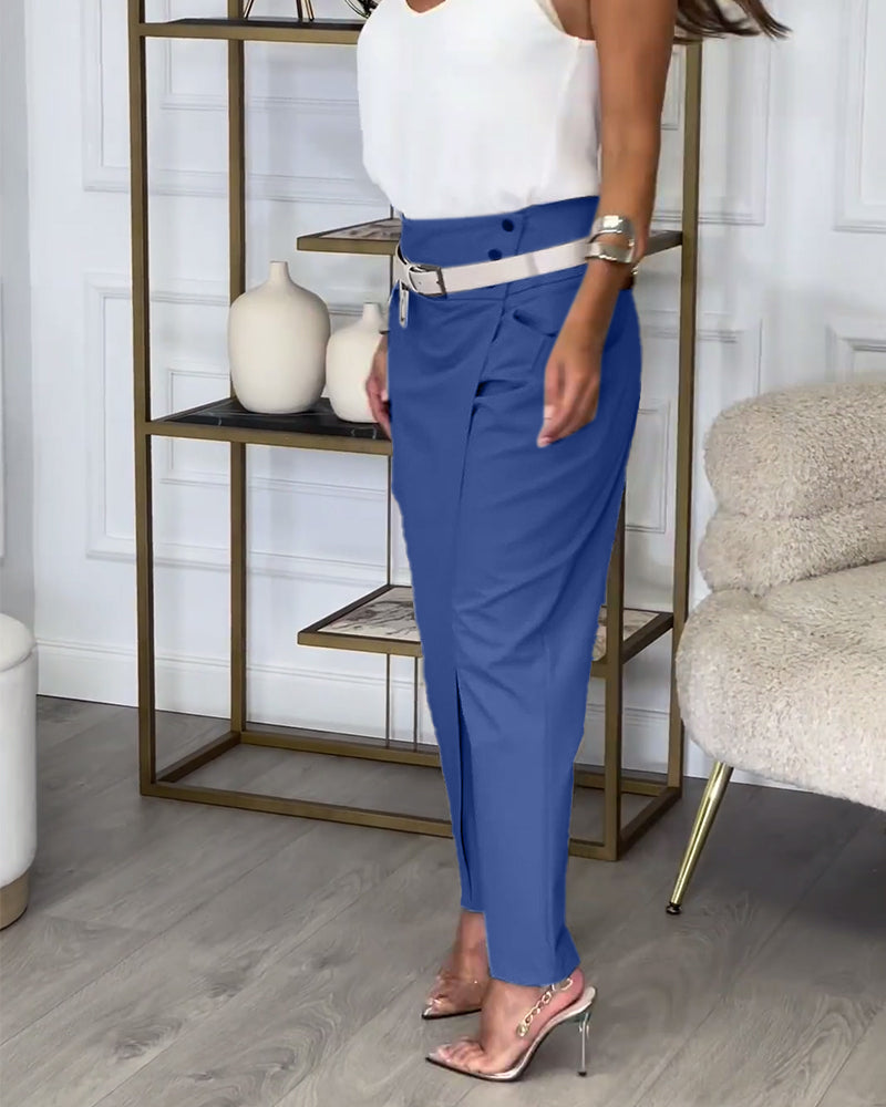 Trendy Ladies Patchwork Trousers with Belt - Liv-Gray-S-Nora Luxe