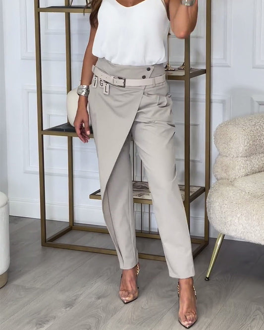 Trendy Ladies Patchwork Trousers with Belt - Liv-Gray-S-Nora Luxe