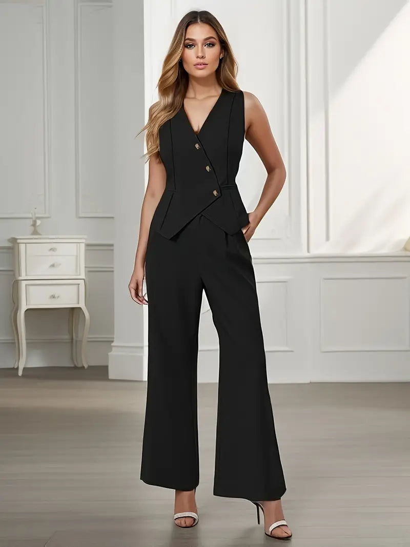 Trendy ladies' trousers suit set with waistcoat & flared trousers – Selina-Beige-XS-Nora Luxe