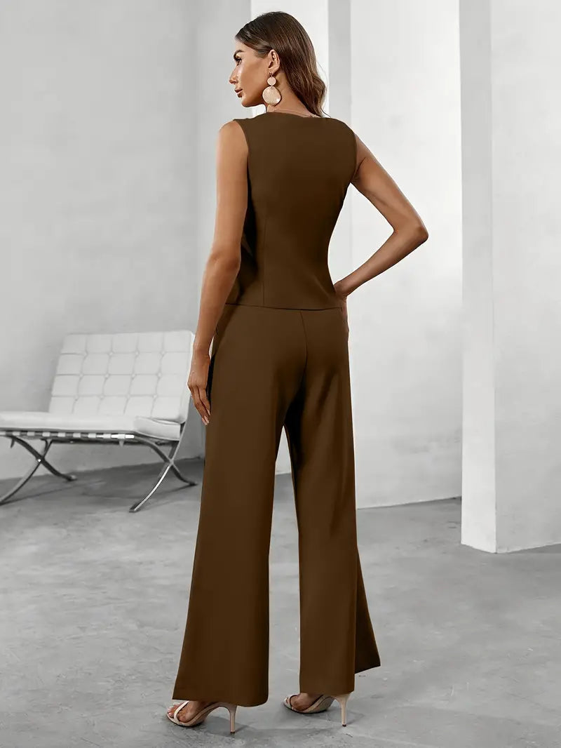 Trendy ladies' trousers suit set with waistcoat & flared trousers – Selina-Beige-XS-Nora Luxe