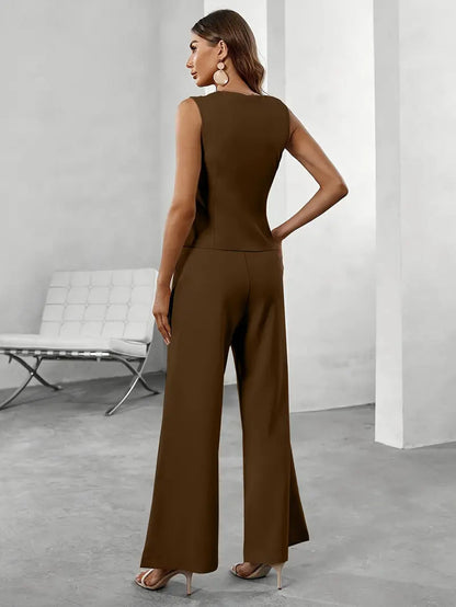 Trendy ladies' trousers suit set with waistcoat & flared trousers – Selina-Beige-XS-Nora Luxe