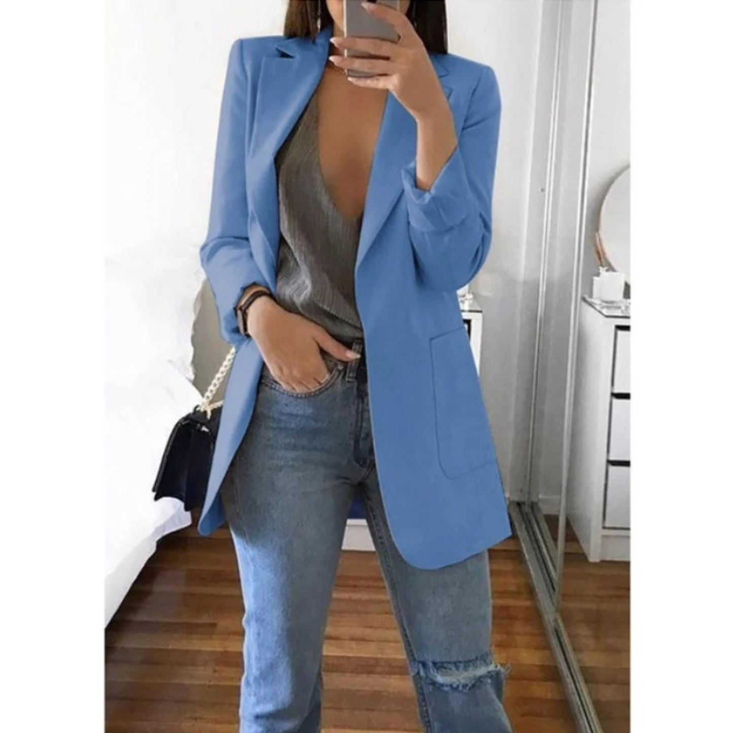 Trendy Long Women's Blazer - Valentina-Blue-S-Nora Luxe