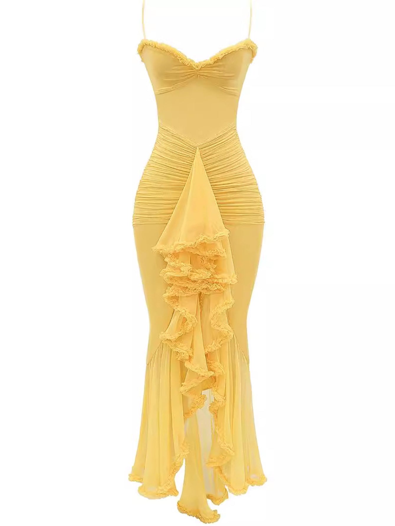 Trendy maxi dress with ruffles and spaghetti straps – Loyza-Yellow-XS-The Livary