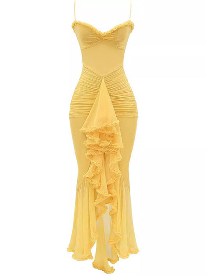 Trendy maxi dress with ruffles and spaghetti straps – Loyza-Yellow-XS-The Livary