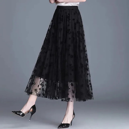 Trendy Mesh Midi Skirt - Fiona-Black-S-Nora Luxe