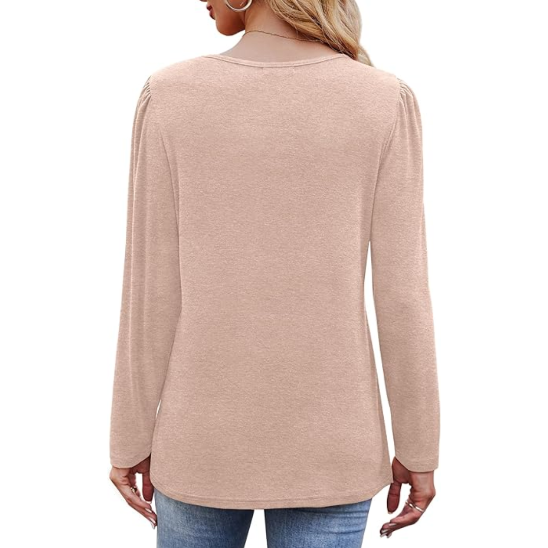 Trendy Pleated Long Sleeve Tunic Top - Sarah-White-M-Nora Luxe