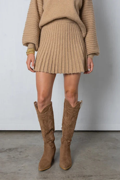 Trendy Pleated Sweater and Skirt Set - Isabella-Beige-XS-Nora Luxe