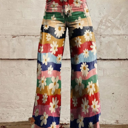 Trendy retro floral trousers with flares and a high waist – Mirella-S-Nora Luxe