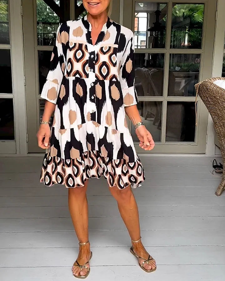 Trendy short-sleeved dress with abstract print & loose fit – Liora-Brown-S-Nora Luxe