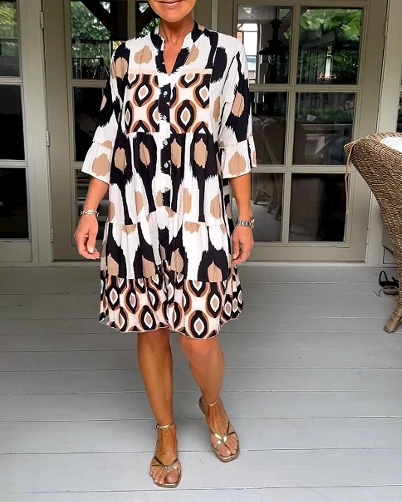 Trendy short-sleeved dress with abstract print & loose fit – Liora-Brown-S-Nora Luxe