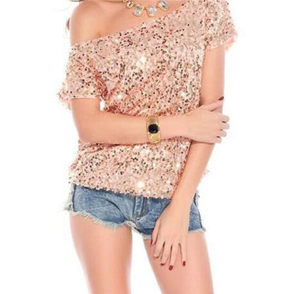 Trendy shoulder t-shirt with sequins for summer nights - GlamGlanz-Pink-The Livary