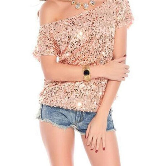 Trendy shoulder t-shirt with sequins for summer nights - GlamGlanz-Pink-The Livary