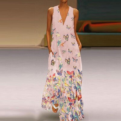 Trendy Sleeveless Maxi Summer Dress with Butterfly Print – Malia-Pink-S-Nora Luxe