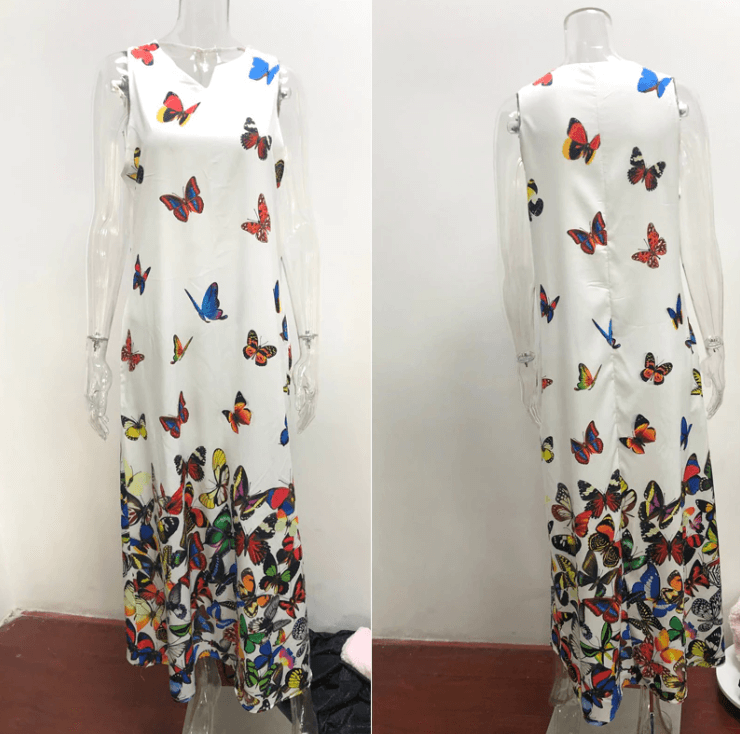 Trendy Sleeveless Maxi Summer Dress with Butterfly Print – Malia-White-S-Nora Luxe