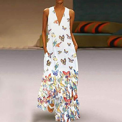Trendy Sleeveless Maxi Summer Dress with Butterfly Print – Malia-White-S-Nora Luxe