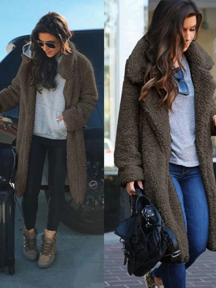 Trendy Warm Long Teddy Coat for Women - Isla-Apricot-S-Nora Luxe