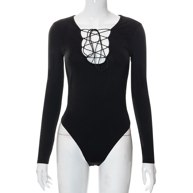 Trendy women's bodysuit with lacing & deep V-neck - Aveline-S-Nora Luxe