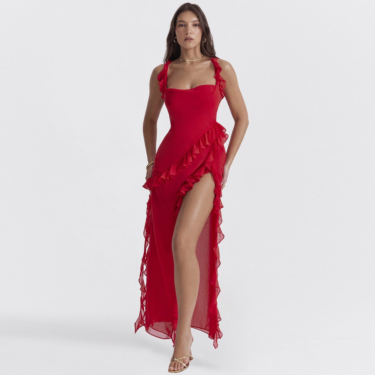Trendy women's maxi dress with ruffles & chiffon for summer – Amira-Red-S-Nora Luxe