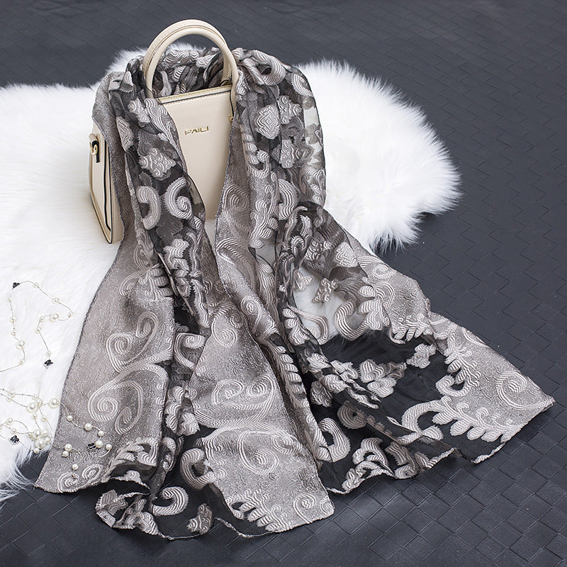 Trendy women's silk scarf with floral pattern and cut-out design – Fiora (1+1 FREE)-Flower gray-Nora Luxe
