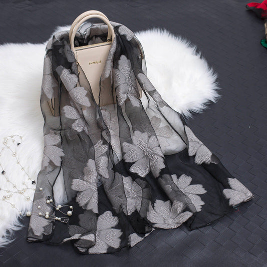 Trendy women's silk scarf with floral pattern and cut-out design – Fiora (1+1 FREE)-Grey-Nora Luxe