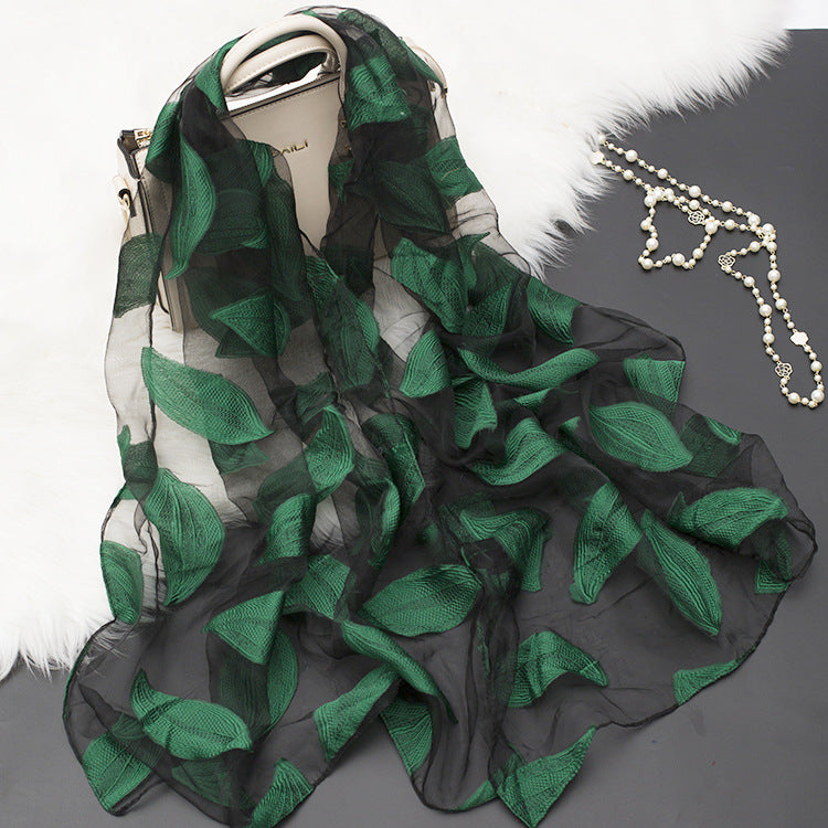 Trendy women's silk scarf with floral pattern and cut-out design – Fiora (1+1 FREE)-Leaves green-Nora Luxe