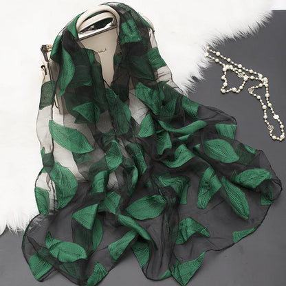 Trendy women's silk scarf with floral pattern and cut-out design – Fiora (1+1 FREE)-Leaves green-Nora Luxe