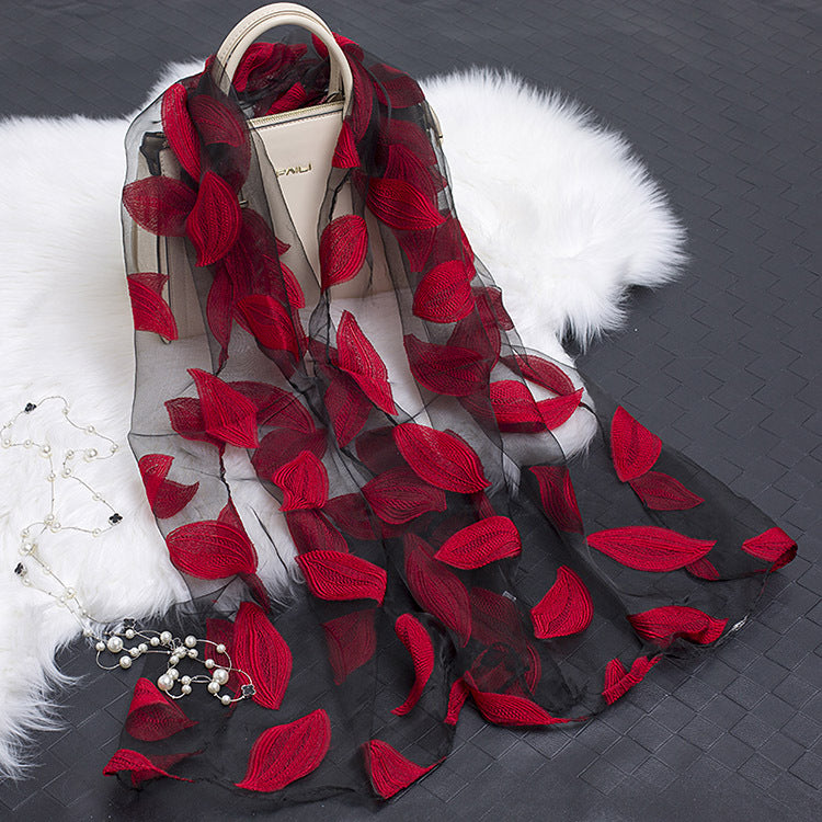 Trendy women's silk scarf with floral pattern and cut-out design – Fiora (1+1 FREE)-Red leaves-Nora Luxe