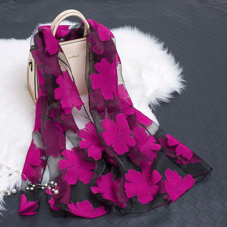 Trendy women's silk scarf with floral pattern and cut-out design – Fiora (1+1 FREE)-Rose Red-Nora Luxe