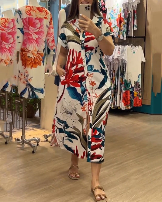 Trendy women's summer dress with print & shirt collar - Flora-S-Nora Luxe