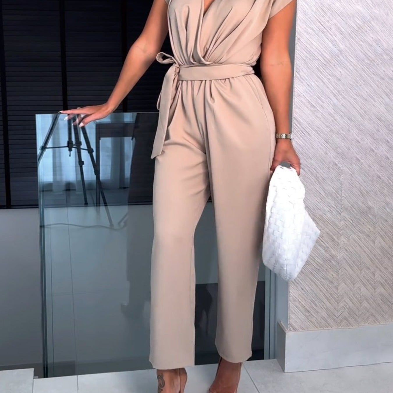 Trendy women's summer jumpsuit with short sleeves & waist emphasis – Alina-Beige-S-Nora Luxe