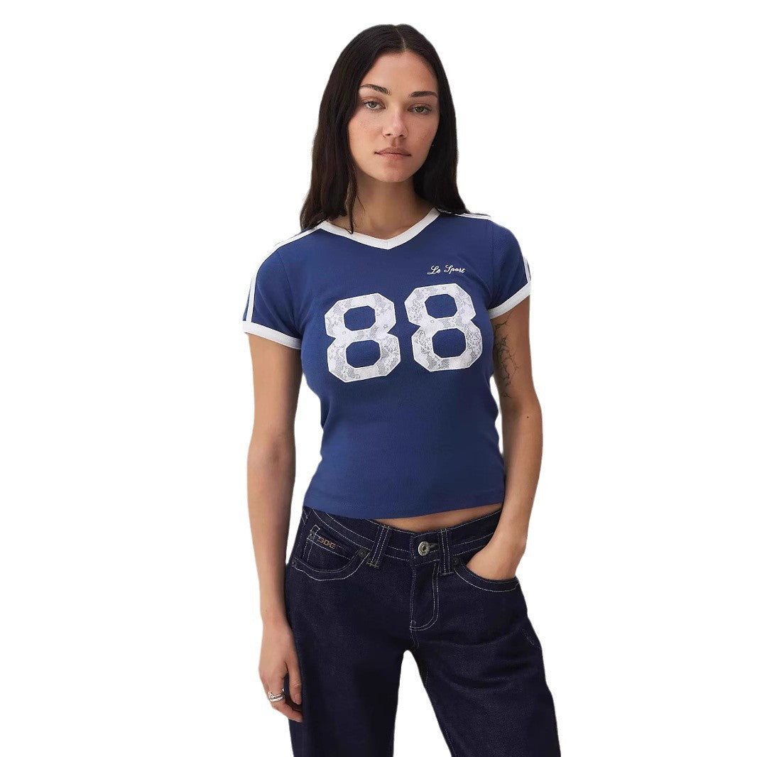 Trendy women's T-shirt with lace detail & contrast sleeves – Yelina-S-Nora Luxe