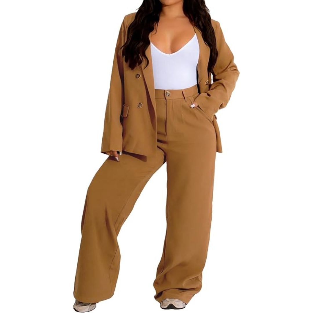 Two-Piece Blazer & Wide Trousers Women's Business Suit - Wendy-Khaki-S-Nora Luxe